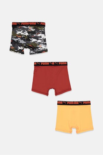 Puma Kids Boy 3 Pieces Sport Style Boxer Brief, Black Camo and Red and Neon Orange