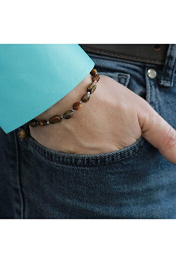 Tesbihane Macrame Braided Natural Cut Dorica Ball Detailed Tiger Eye Natural Stone Men's Bracelet