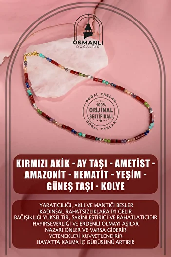 OSMANLI DOĞAL TAŞ Red Agate-Moon Stone-Natural Stone Necklace