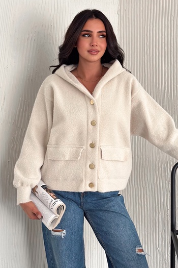 FEMELLE Women's Ecru Standard Size Buttoned Pocket Hooded Soft Knitwear Jacket