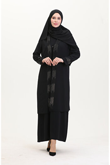 sefamerve Plus Size Black Dress and Vest Set - 6140-03