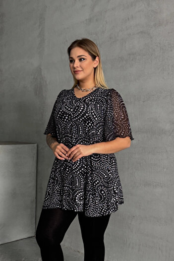 Stil Diva V-neck Tulle Sleeve Patterned Plus Size Blouse - 321998