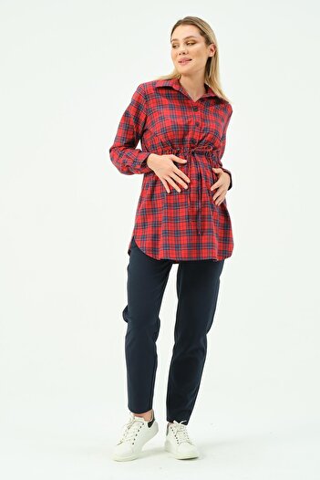 BUSA Red Plaid Shirt - Pregnant Women's Lace-Up Waist, Button Front