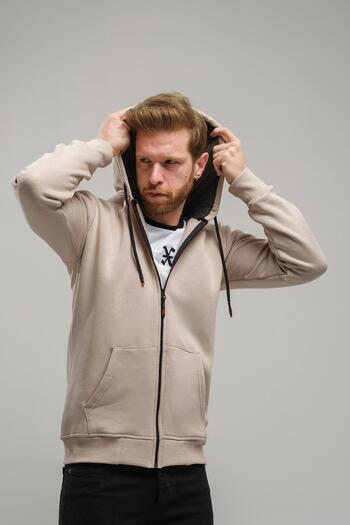 Oksit Regnault Three Thread Cotton Hooded Zippered Sweatshirt with Mesh Detail