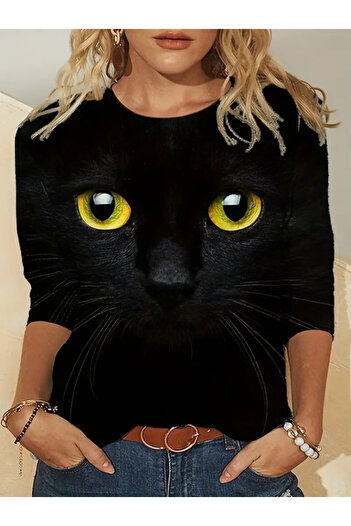 Cbm Eyesof Women's Long Sleeve Crew Neck Cat Print Single Jersey Blouse