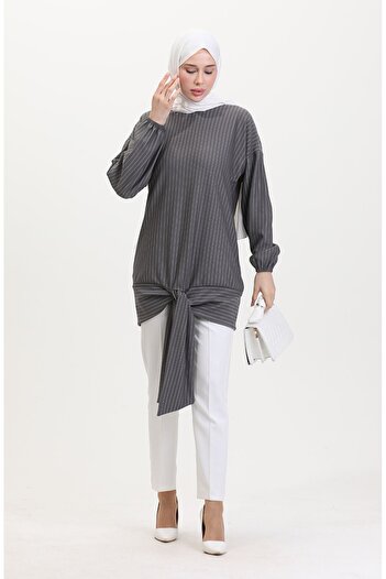 sefamerve Gray Striped Tunic - Model 1028-01