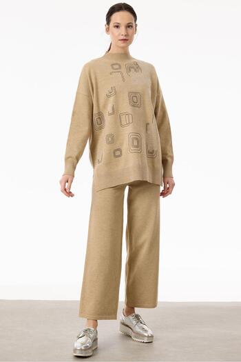 Tığ Triko Geometric Sequined Beige Knitwear Set - Pants