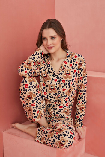 ELİTOL Salmon Plaid Bear Patterned Front Buttoned Suede Pajama Set
