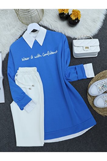Modamorfo Blau bedrucktes Sweatshirt aus gekämmter Baumwolle