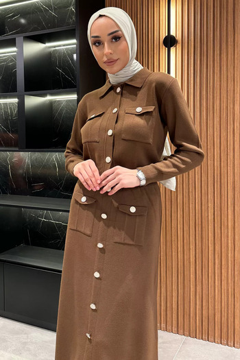 julude Coffee Button Detailed Cardigan Skirt Hijab Knitwear Double Set