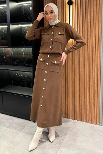 julude Coffee Button Detailed Cardigan Skirt Hijab Knitwear Double Set