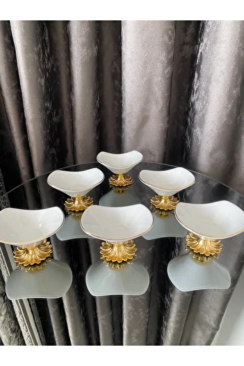 atabey home 6-Piece Real Gold Gilded Fine Pattern Casting Daisy Footed Boat Type Porcelain Turkish Delight Bowl & Sauce Bowl