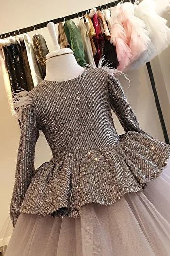 Mashotrend Feather Shoulder V Back Sequined Girls' Dress - Children's Evening Dress - Girls' Evening Dress - Children's Graduation Dress