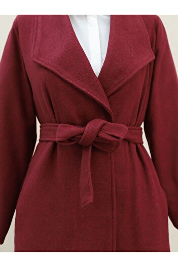 Modamorfo Burgundy Stamp Coat - Shawl Collar with Pockets and Belt