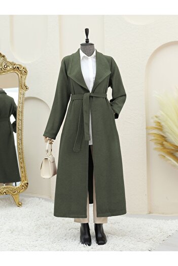 Modamorfo Shawl Collar Pocket Belted Cashmere Coat - Khaki