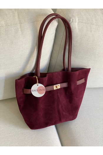 BAGLOVİS Bordo Suede Women's Shoulder Bag with Front Lock Detail