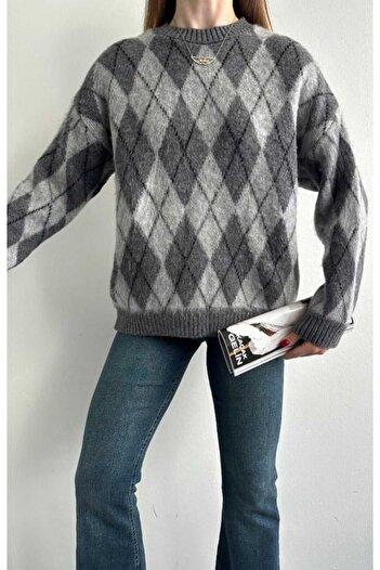 yeditepe fashion Women's Crew Neck Plaid Raised Wully Knitwear Sweater