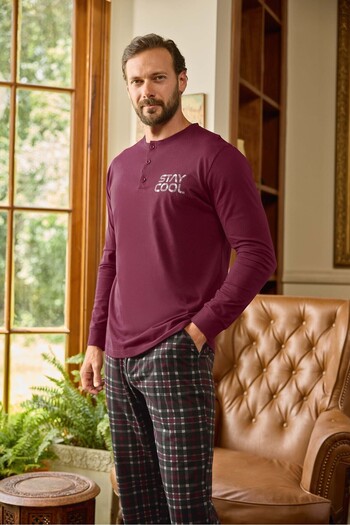 Aydoğan Aydoğan Men's Pajamas Set - Long Sleeve, Plaid Pattern, Burgundy Single Jersey Cotton