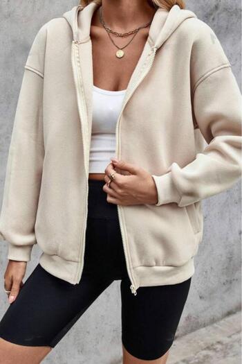 NO 601 Women's Beige Zippered Hooded Cardigan Jacket