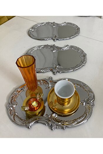 SEVA ÇELİK Stainless Steel Silver 0.5 mm 3 Pieces Embroidered Lace Service Presentation Tray