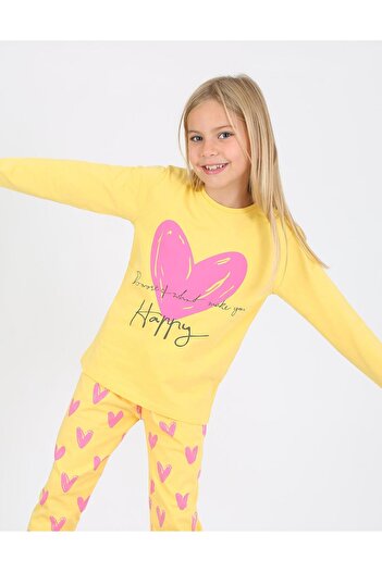 vitmo Kız Çocuk Uzun Kollu %100 Pamuklu Pijama Takımı Happy Heart Sarı