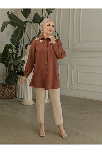 Modamorfo Special Appliqued Robdan Linen Tunic - Drawstring, Brown