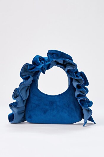 SHUBBAGS Kadın Lacivert Fırfır Detaylı Kadife Kumaş El Çantası Clutch Portföy