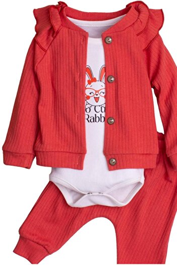 Chicsy Baby Kız Bebek Fitilli Fırfır Detaylı Pamuklu Zıbınlı  3'lü Bebek Takımı