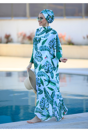Remsa Mayo Patterned Kaftan Single Pareo Green Leaves on Hijab Swimsuit