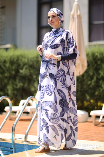 Remsa Mayo Patterned Single Kaftan Pareo Blue Leaves on Hijab Swimsuit