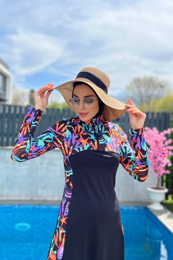Remsa Mayo Zippered Lycra Fully Covered Hijab Swimsuit R077 Mercan