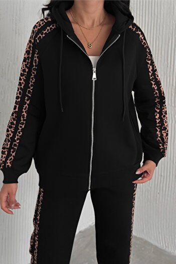 FEMELLE Women's Black Bottom-Top Tracksuit Set Leopard Print Hooded Zip-Up