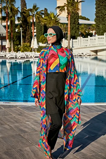 Remsa Mayo RP016 Tetris Patterned Hijab Swimsuit Kimono Pareo