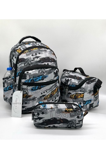 Bevitton Boy's Primary School Bag Gray Car Printed Orthopedic Set of 3 Primary School Bag