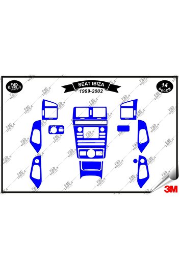 FD Damla Etiket pentru Seat Ibiza 1999-2002 Decorație albastră pentru consola torpedo - Set de 14 bucăți din furnir de mahon