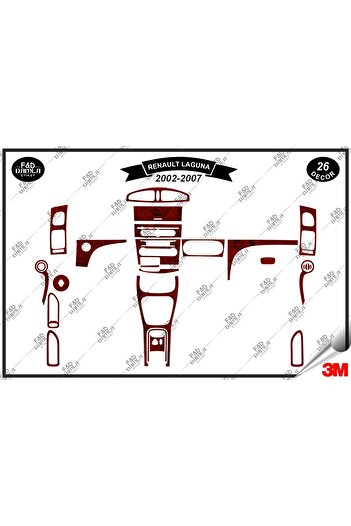 FD Damla Etiket Renault Laguna 2002-2007 Garnitură Consolă Torpedo - Set 26 bucăți din furnir de mahon