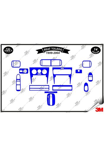 FD Damla Etiket Seat Toledo 1999-2004 Consolă torpedo - Set de 14 bucăți din furnir de mahon albastru