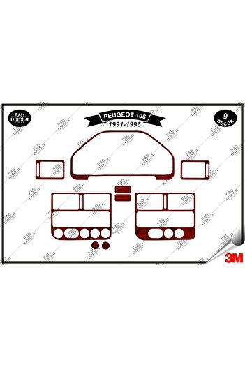 FD Damla Etiket Peugeot 106 1991-1996 Garnitură Consolă Torpedo - Set 9 bucăți din furnir de mahon