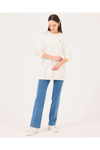 SEÇİL Stone Detailed Round Neck Sweatshirt - Ekru