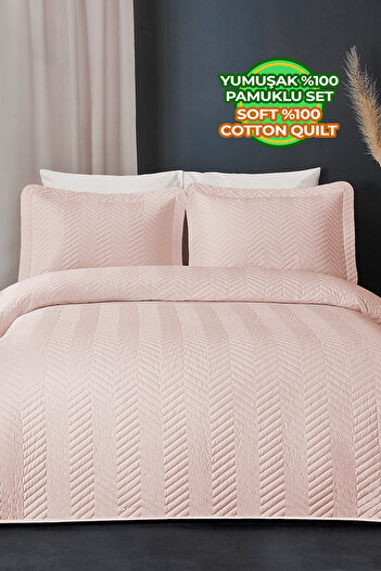Evlen Home Collection Ross 100% Cotton Double Bedspread - Quilted Striped, Washable Powder