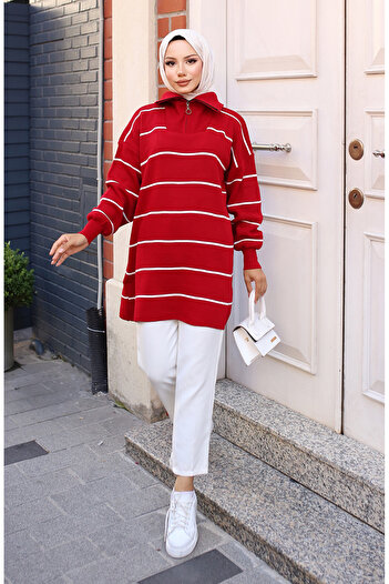 sefamerve Red Striped Zippered Knitwear Tunic - 11037-06