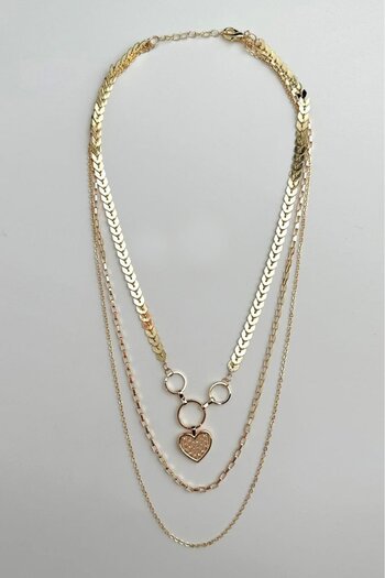 Modex Gold Color Zircon Stone Heart Figured Triple Necklace