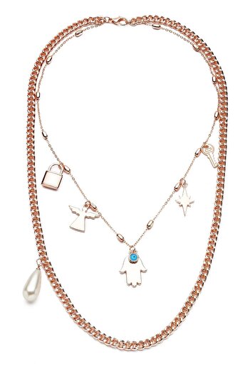 Modex Rose Color Pearl Detailed Multi-Figure Double Necklace