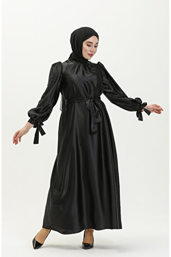 sefamerve Black Satin Belted Dress - 80153-03