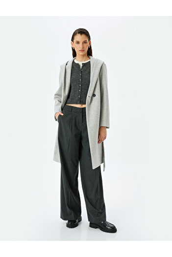 Koton Double Breasted Long Hooded Cashmere Coat with Pockets and Belt