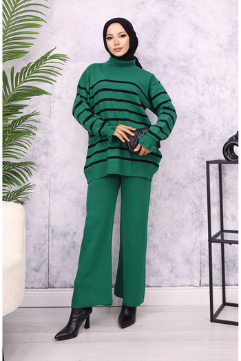 sefamerve Emerald Green Striped Shoulder Set - Buttoned Knitwear 24019-02