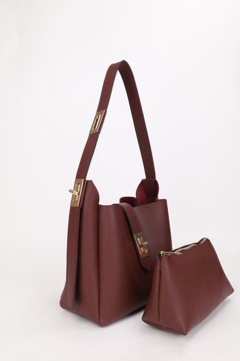 NOTHING Women's Burgundy Gold Lock Detailed Accessory Adjustable Lock Strap Handbag and Shoulder Bag