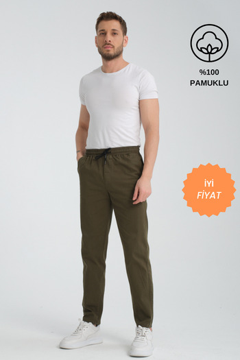 VIKUNYA Men's Quality Khaki Straight Leg Lycra Fabric Trousers Elastic Waist Comfortable Fit 100% Cotton School