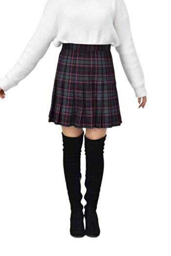 BAGLAN Green Fuchsia Plaid College Skirt - Osmanma-34