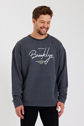 Superlife Süperlife Erkek Bisiklet Yaka Regular Fit El Yazılı Brooklyn İnce Sweatshirt SPR23SW331